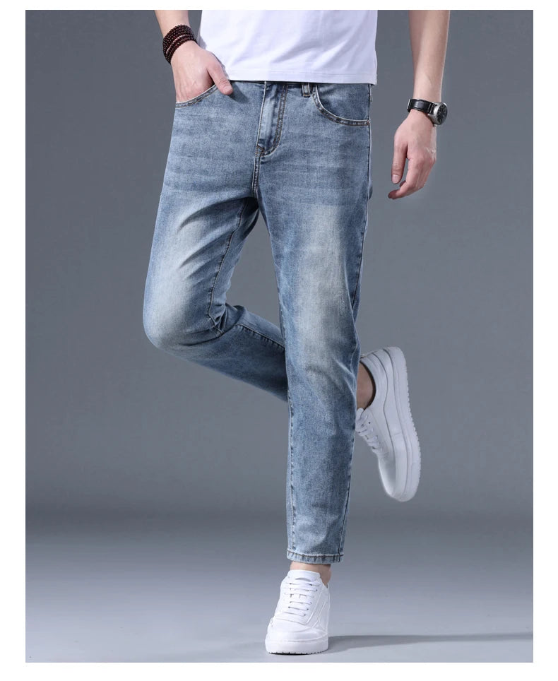 Classic five bag denim Ankle length Slim Fit Small Legs Skinny Men Stretch Jeans Vintage Men's Cropped  9 Points Retro Pants new
