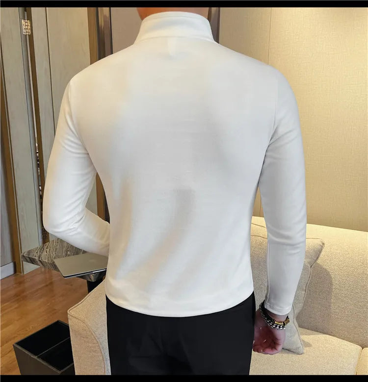 Men's Half Zipper Long Sleeved T-shirt Autumn Winter New Pure Color Thicken Slim Fit Elastic Fashionable Versatile T-Shirt