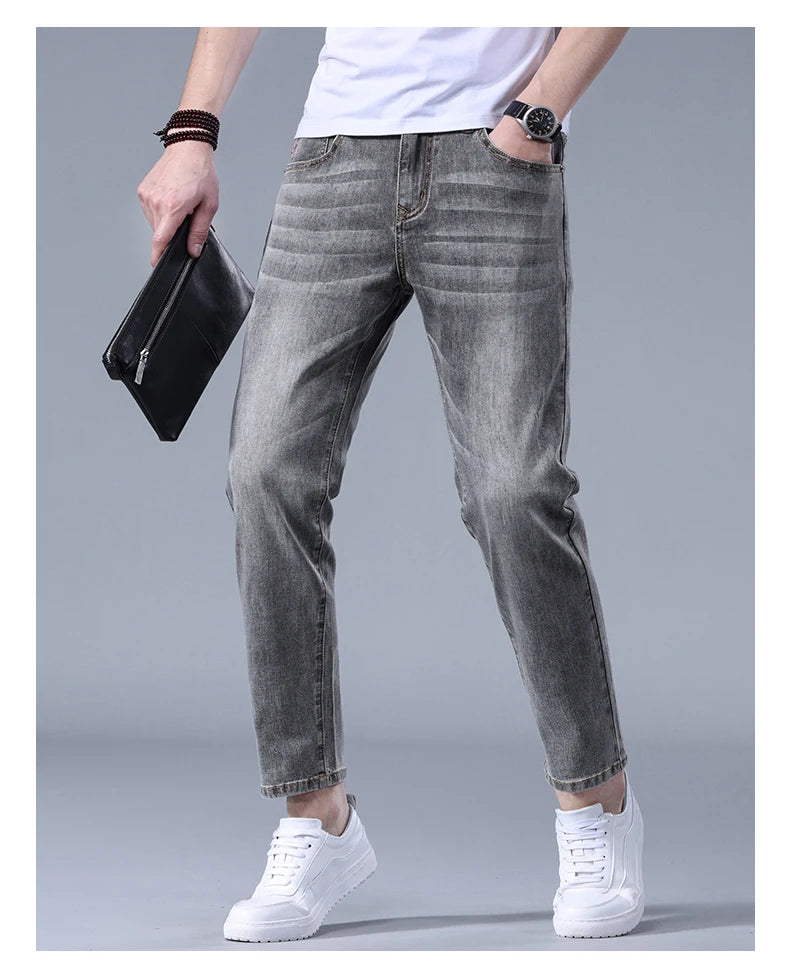 Classic five bag denim Ankle length Slim Fit Small Legs Skinny Men Stretch Jeans Vintage Men's Cropped  9 Points Retro Pants new