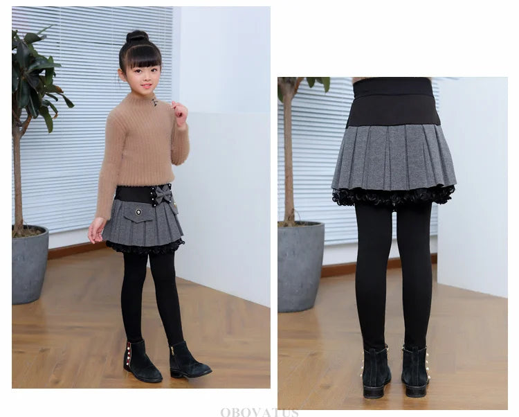 Children Winter Warm Leggings with Skirt For Girls Insulated SKinny Pants-Skirt With Bow Skirtpants Kids Baby Culottes Pants