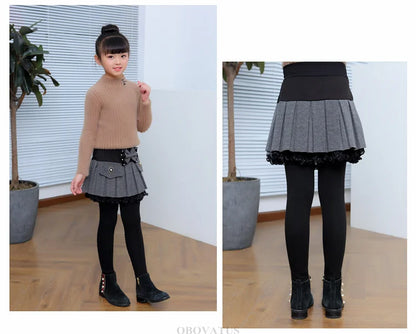 Children Winter Warm Leggings with Skirt For Girls Insulated SKinny Pants-Skirt With Bow Skirtpants Kids Baby Culottes Pants
