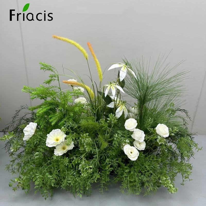 Green Plants Leaf Rose Flower Row Wedding Silk Table Floral Commercial Plaza Partition Hotel Scene Layout Floor Flowers Decor