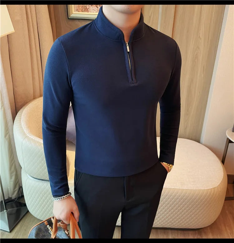 Men's Half Zipper Long Sleeved T-shirt Autumn Winter New Pure Color Thicken Slim Fit Elastic Fashionable Versatile T-Shirt
