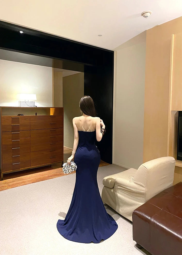 European and American style women exposed legs high fork slimming dress long skirt High end temperament socialite dress