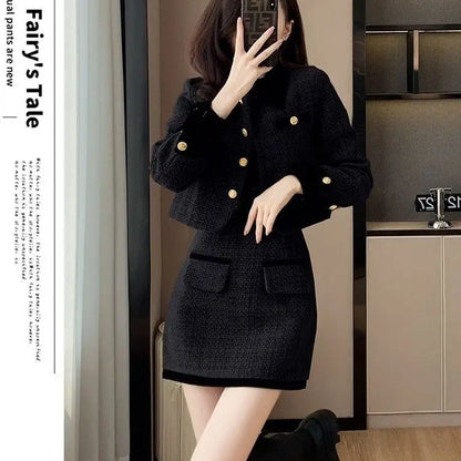 2025 Luxe Tweed Set Women Fall Winter Tailored Jacket  Pencil Skirt Lace Trim