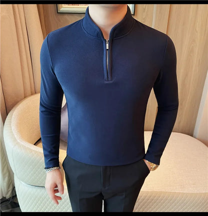 Men's Half Zipper Long Sleeved T-shirt Autumn Winter New Pure Color Thicken Slim Fit Elastic Fashionable Versatile T-Shirt