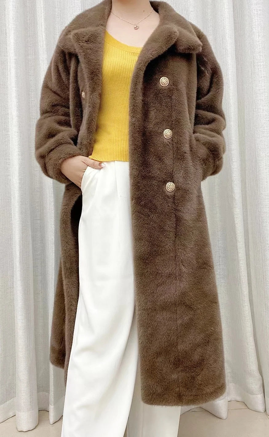 Faux fur coat long coat women's lapel double-breasted loose warm high-end atmospheric coat jacket 24 autumn and winter new