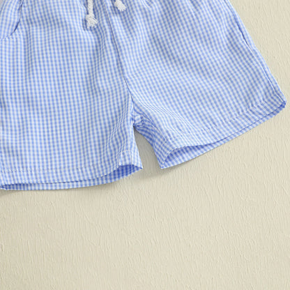 Citgeett Summer Kids Boys Shorts Set Short Sleeve Embroidery T-shirt Plaid Blue Shorts Outfit Clothes