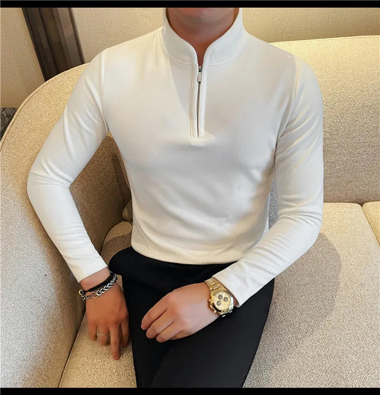 Men's Half Zipper Long Sleeved T-shirt Autumn Winter New Pure Color Thicken Slim Fit Elastic Fashionable Versatile T-Shirt