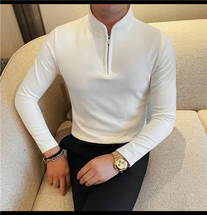 Men's Half Zipper Long Sleeved T-shirt Autumn Winter New Pure Color Thicken Slim Fit Elastic Fashionable Versatile T-Shirt