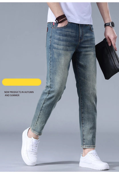 Classic five bag denim Ankle length Slim Fit Small Legs Skinny Men Stretch Jeans Vintage Men's Cropped  9 Points Retro Pants new