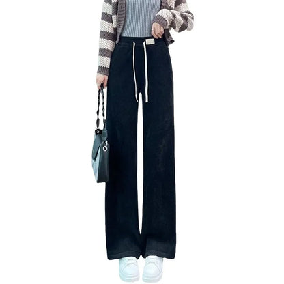 Thickened Corduroy Wide Leg Pants Women's Spring Autumn Fleece Lined Straight Narrow Version Winter Comfortable Trousers