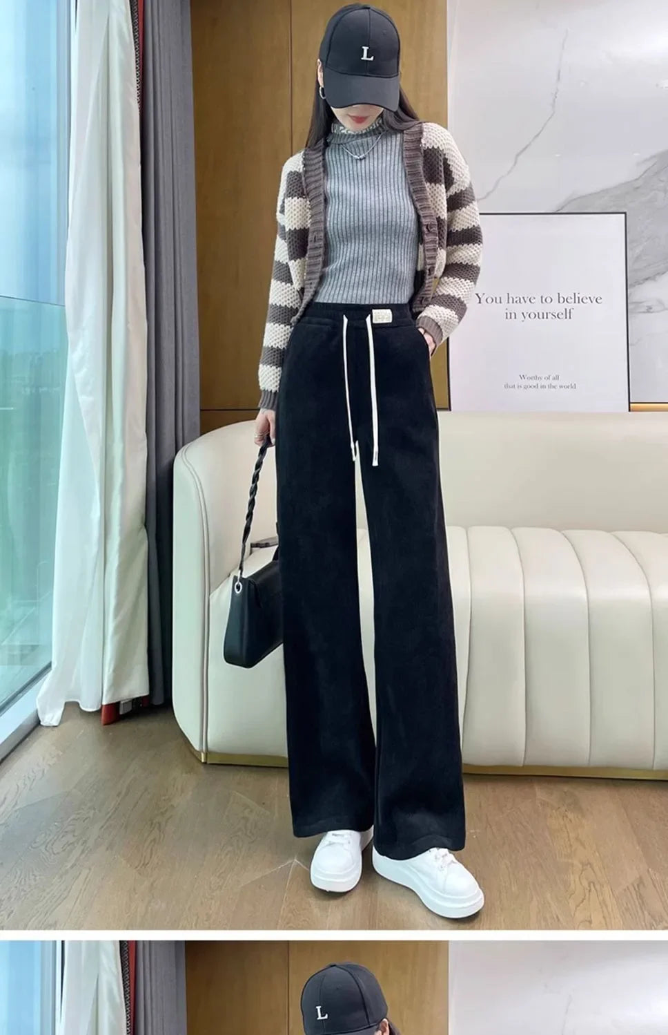 Thickened Corduroy Wide Leg Pants Women's Spring Autumn Fleece Lined Straight Narrow Version Winter Comfortable Trousers