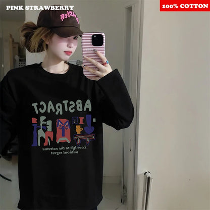 American Abstract Print T-shirt Women Autumn 2025 New 100% Cotton White Long sleeve T-shirt Loose Casual Y2k Top Female clothing