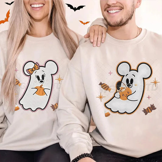 Couples Matching Halloween Sweatshirt Cartoon Cute Mickey Minnie Spooky Ghost Graphic Print Sweatshirts Halloween Couple Clothes