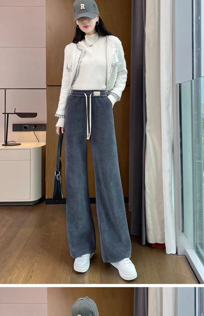 Thickened Corduroy Wide Leg Pants Women's Spring Autumn Fleece Lined Straight Narrow Version Winter Comfortable Trousers