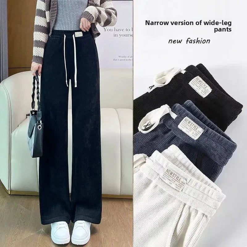 Thickened Corduroy Wide Leg Pants Women's Spring Autumn Fleece Lined Straight Narrow Version Winter Comfortable Trousers