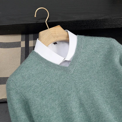 Autumn/Winter New Men's 100% Cashmere Pullover Business Casual Solid Knitted Sweater Loose V-neck Tops Basic Thick Warm Jumper