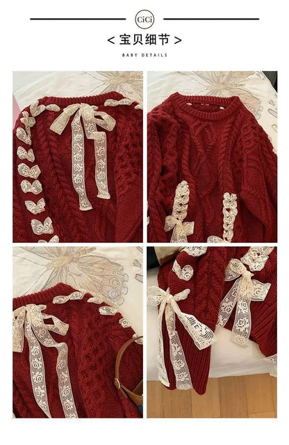 Red Twist Strap Sweater for Women 2023 Spring and Autumn Winter Christmas Sweet Bow Knitting Pullover Oversize Women Pull Femme