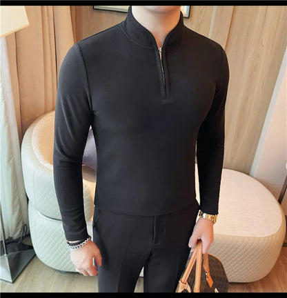 Men's Half Zipper Long Sleeved T-shirt Autumn Winter New Pure Color Thicken Slim Fit Elastic Fashionable Versatile T-Shirt