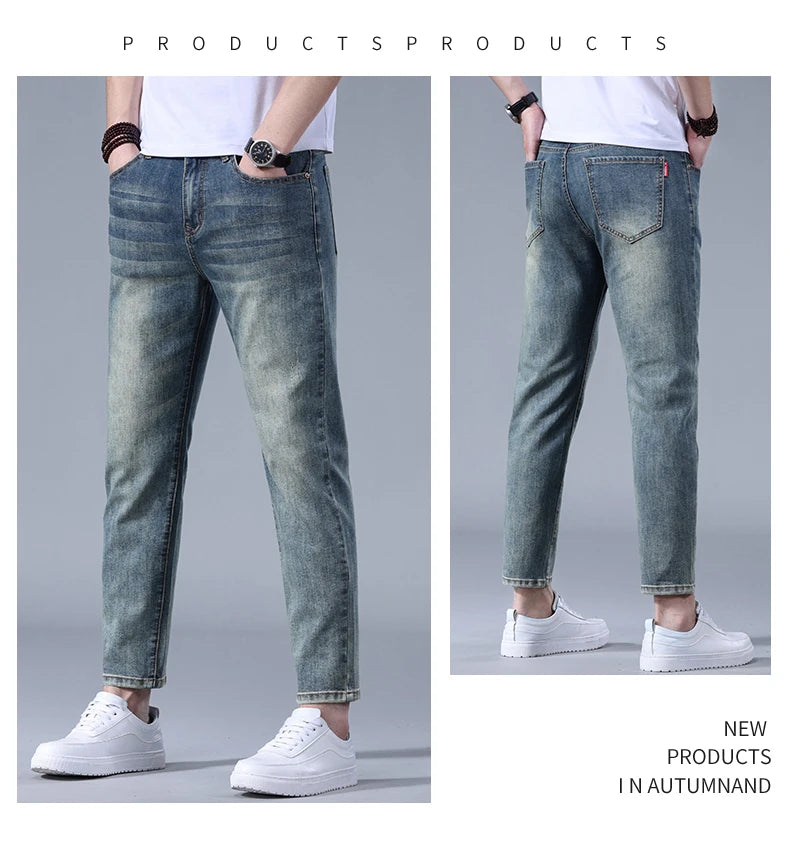 Classic five bag denim Ankle length Slim Fit Small Legs Skinny Men Stretch Jeans Vintage Men's Cropped  9 Points Retro Pants new
