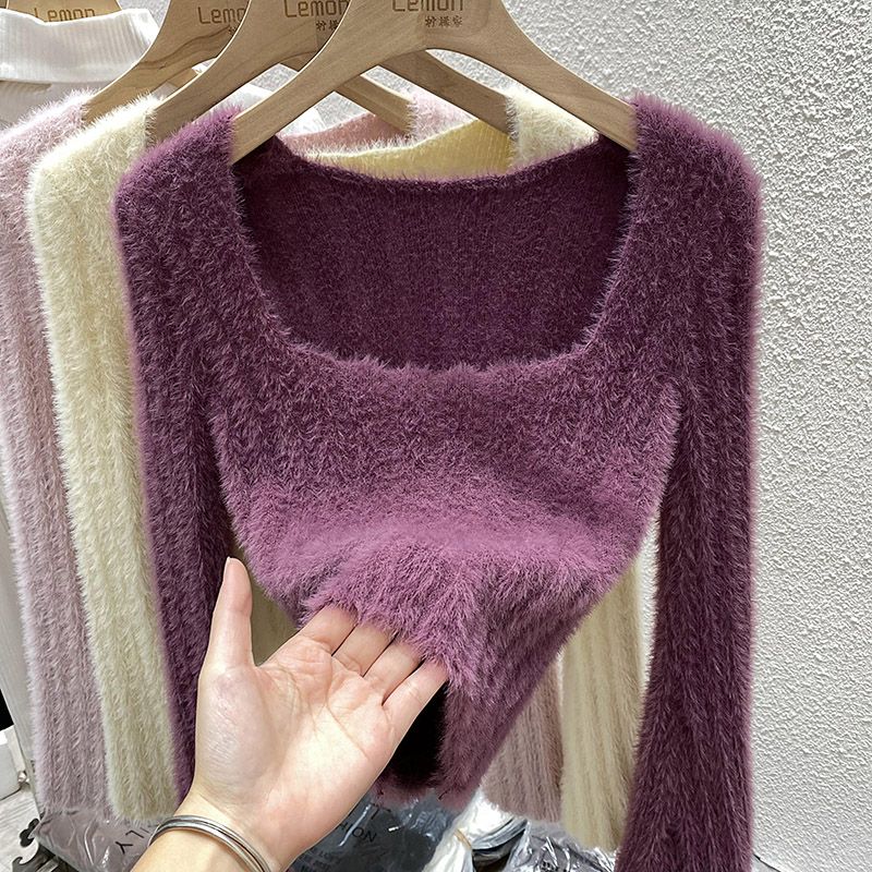 Mink Sweater Women's Autumn and Winter Inner Top French Niche Square Neck Short Soft Sticky Long Sleeves Top Bottom Knit Sweater