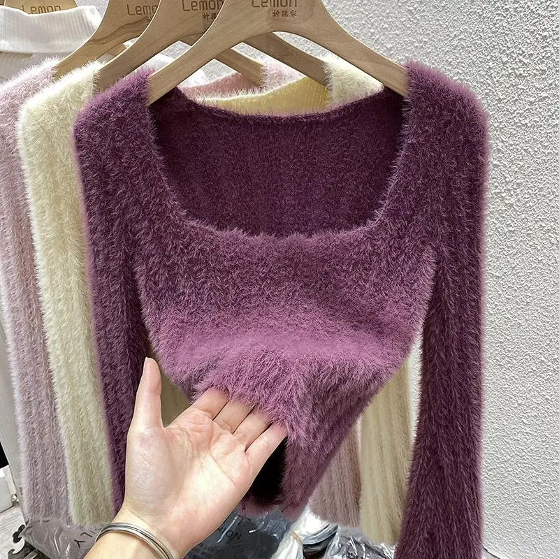 Mink Sweater Women's Autumn and Winter Inner Top French Niche Square Neck Short Soft Sticky Long Sleeves Top Bottom Knit Sweater