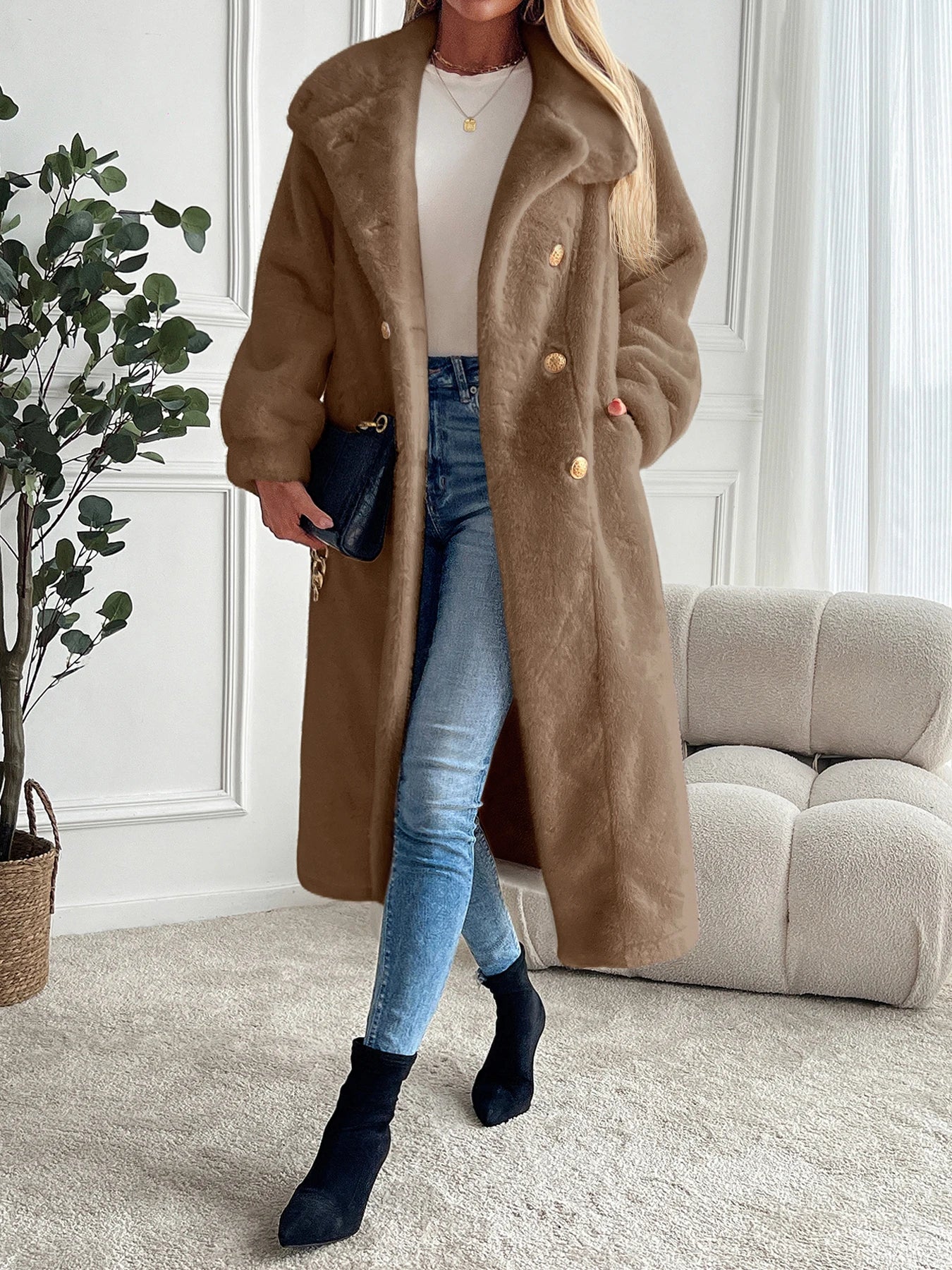 Faux fur coat long coat women's lapel double-breasted loose warm high-end atmospheric coat jacket 24 autumn and winter new