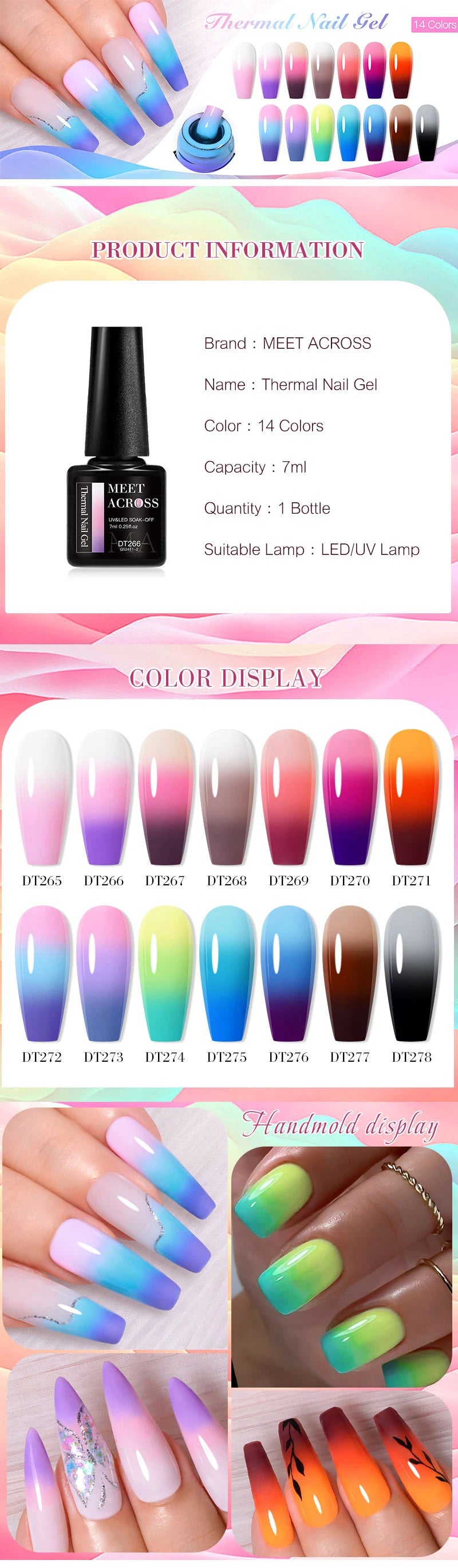 MEET ACROSS 75 Colors Thermal Nail Gel Polish 3 Colors Changing Nail Art Supplies for Manicure DIY Design Long Lasting UV/LED