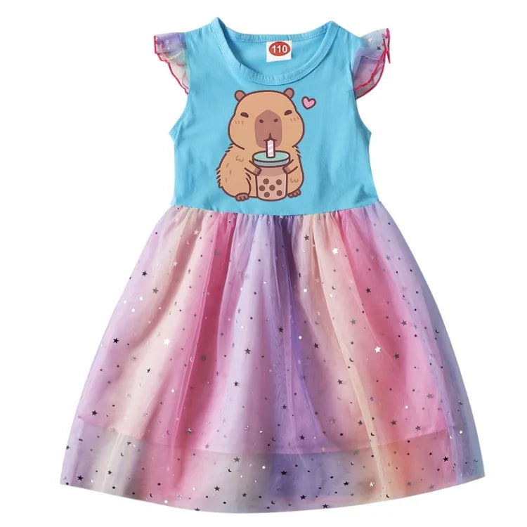 Capybara Clothes Kids Summer Short Sleeve Casual Dresses Baby Girls Lovely Capivara Dress Girl Birthday Gift Princess Vestidos