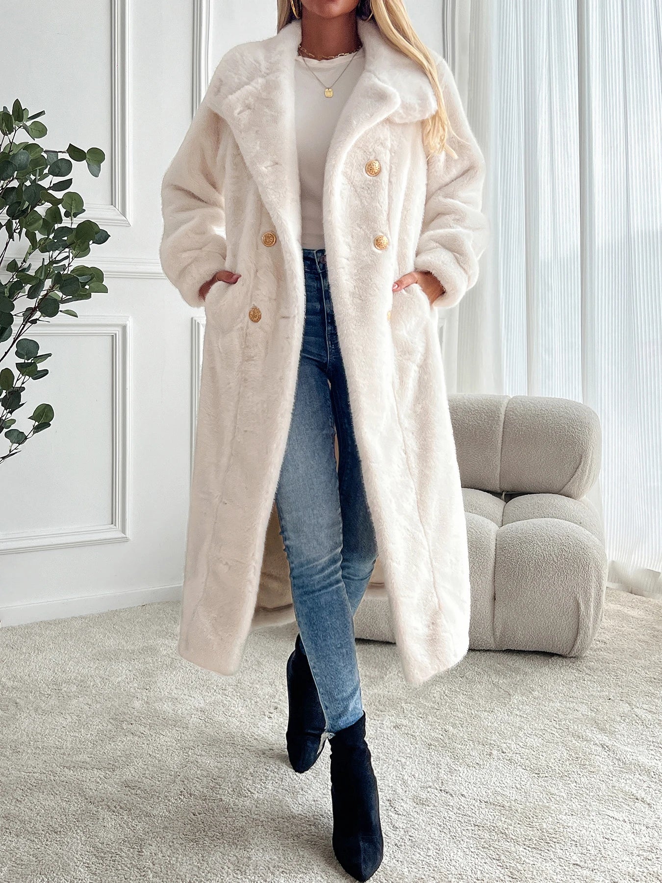 Faux fur coat long coat women's lapel double-breasted loose warm high-end atmospheric coat jacket 24 autumn and winter new