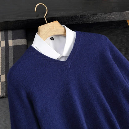 Autumn/Winter New Men's 100% Cashmere Pullover Business Casual Solid Knitted Sweater Loose V-neck Tops Basic Thick Warm Jumper