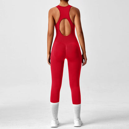 Women's Fashionable Solid Color Round Neck Tight Back Yoga Suit Yoga Jumpsuit Sports Overalls Gym Clothing Set Sexy Yoga Clothes