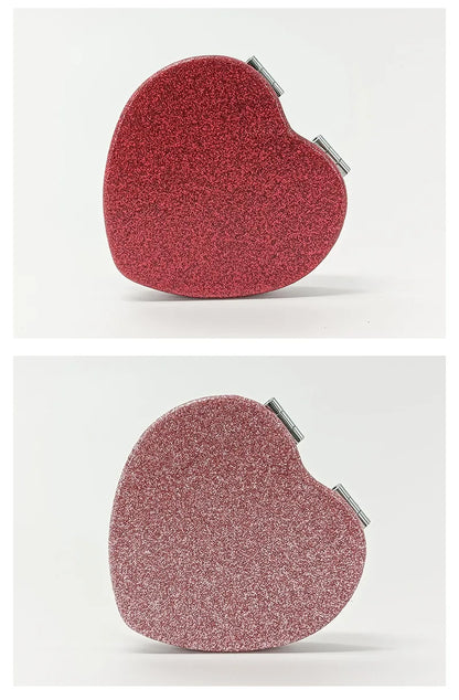 1PC Heart Shape Loose Powder Double Sided Makeup Mirror Portable For Girlfriend Mum Wife Teacher Sister Auntie Birthday Wedding