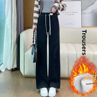 Thickened Corduroy Wide Leg Pants Women's Spring Autumn Fleece Lined Straight Narrow Version Winter Comfortable Trousers