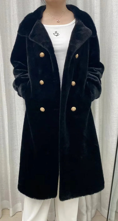 Faux fur coat long coat women's lapel double-breasted loose warm high-end atmospheric coat jacket 24 autumn and winter new