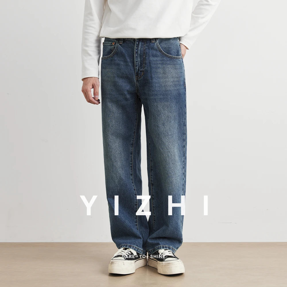 Blue Washed American Style Men's Jeans Straight Leg Loose Wide Leg Pants Retro Trendy Brand Casual Wear All Seasons Size Plus