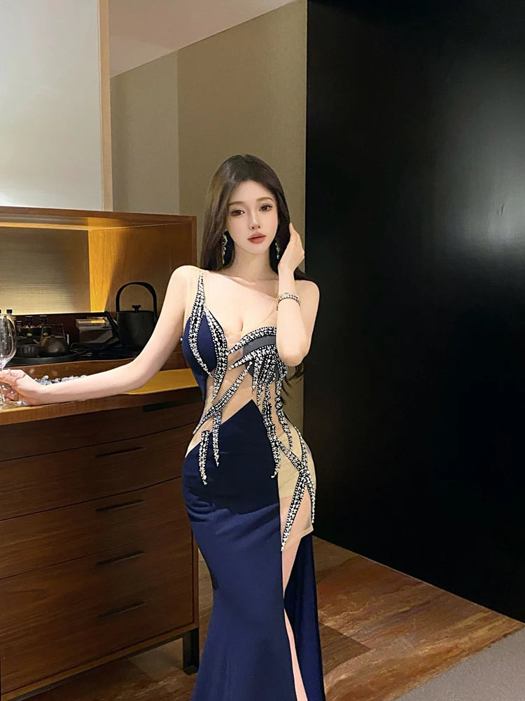 European and American style women exposed legs high fork slimming dress long skirt High end temperament socialite dress