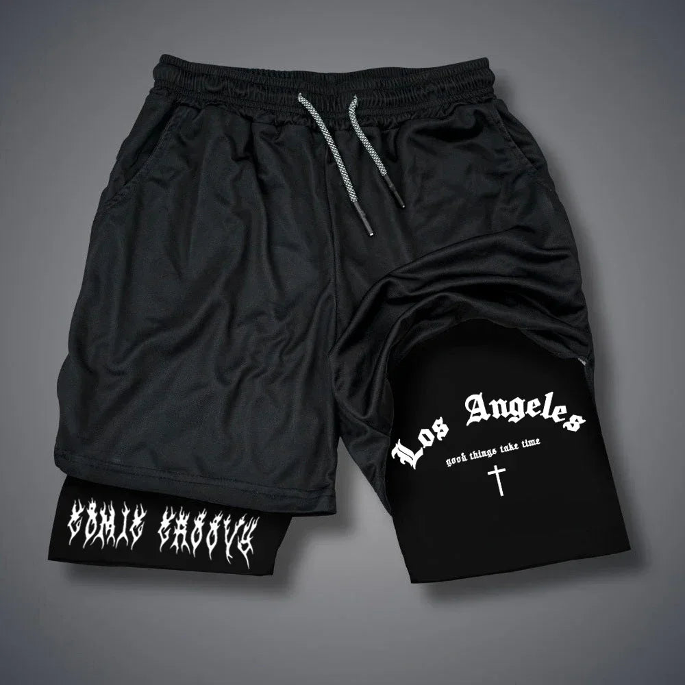 Men 2 in 1 Sports Shorts Gothic Pattern Short Pants Fitness Running Pant Sportswear Casual Shorts Summer Drawstring Jogging Pant