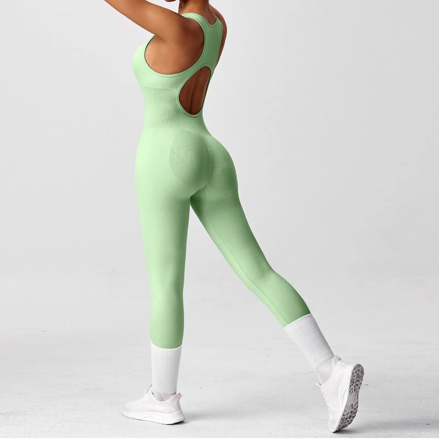 Women's Fashionable Solid Color Round Neck Tight Back Yoga Suit Yoga Jumpsuit Sports Overalls Gym Clothing Set Sexy Yoga Clothes