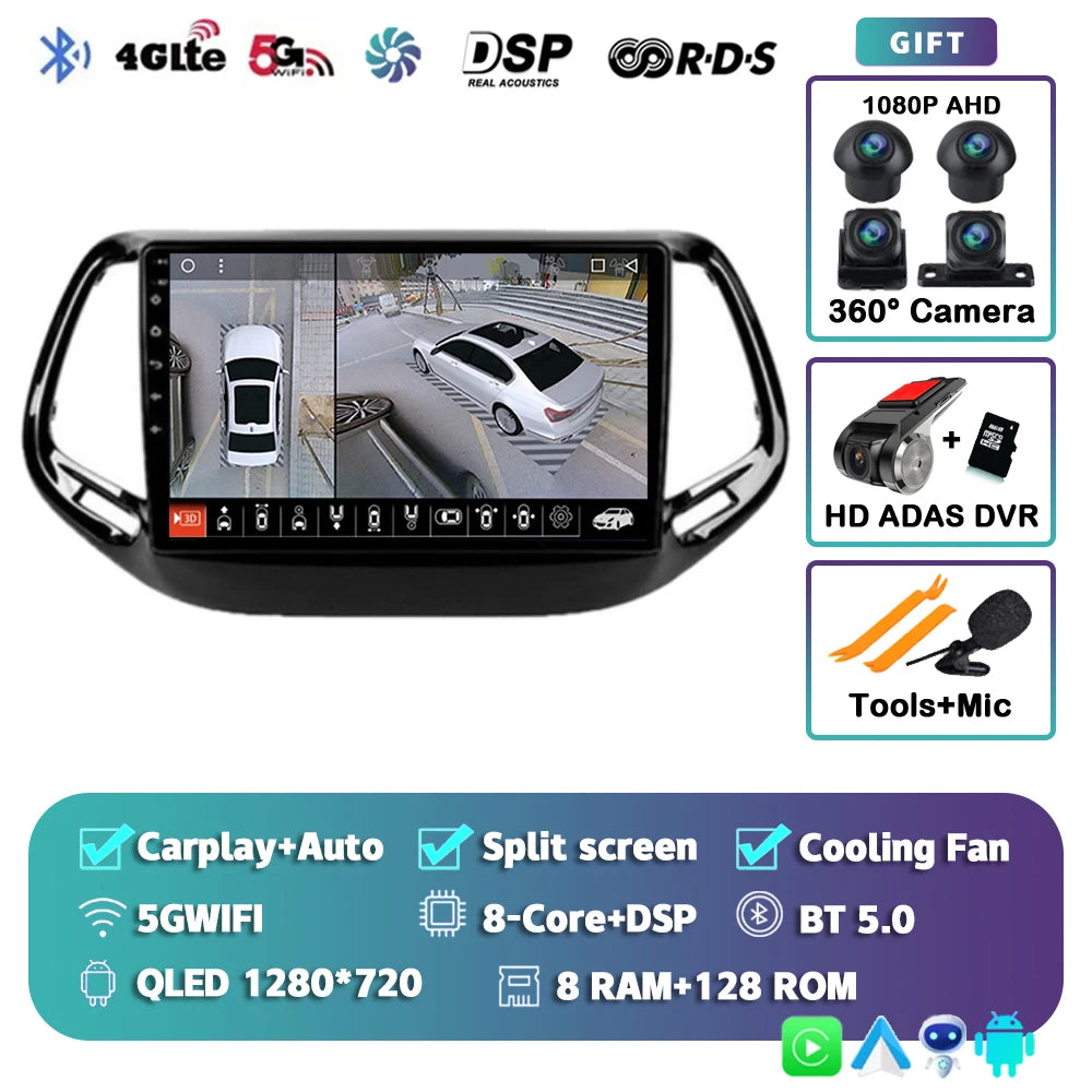 Android 15 Car Radio Multimedia Player For Jeep Compass 2017 2018 2019 Auto Carplay Car Stereo DSP wifi+4G Ai voice 2 Din BT Gps