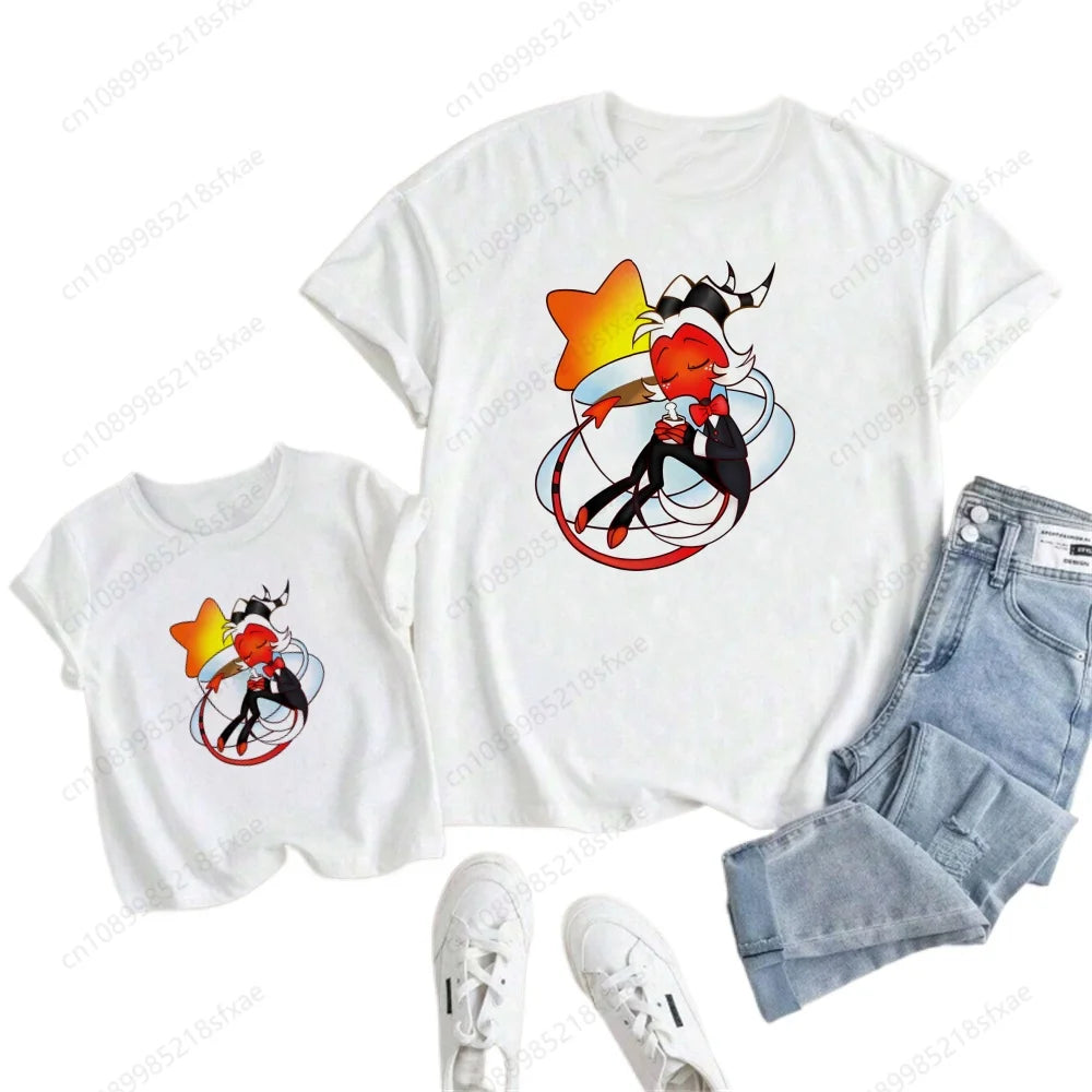 Kids White Tshirt Girls Boys Summer Tops Cartoon Printed Helluva Boss Casual Short Sleeve Kids Baby T-shirt Children Clothes