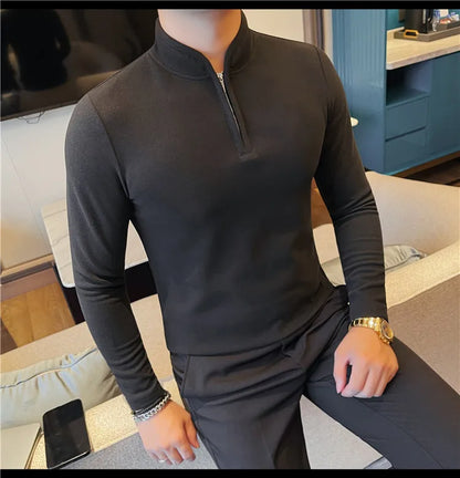 Men's Half Zipper Long Sleeved T-shirt Autumn Winter New Pure Color Thicken Slim Fit Elastic Fashionable Versatile T-Shirt