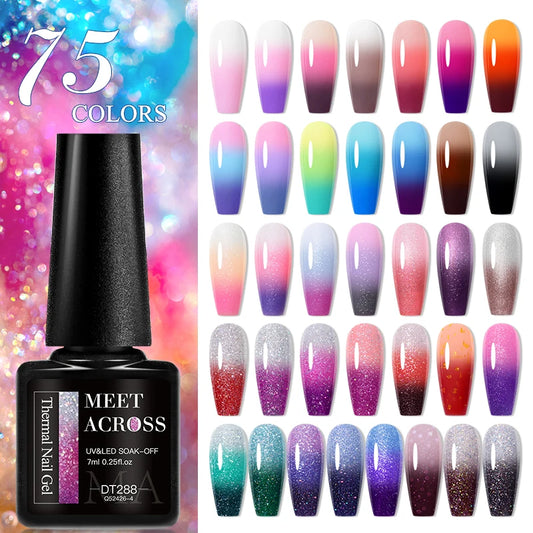 MEET ACROSS 75 Colors Thermal Nail Gel Polish 3 Colors Changing Nail Art Supplies for Manicure DIY Design Long Lasting UV/LED