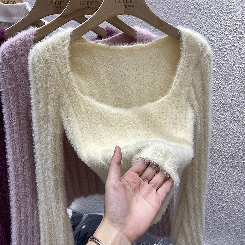 Mink Sweater Women's Autumn and Winter Inner Top French Niche Square Neck Short Soft Sticky Long Sleeves Top Bottom Knit Sweater
