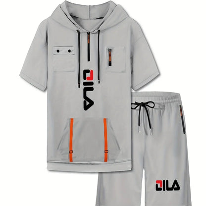 Summer Print Men's 2-piece Set Hooded Streamer Pocket Short Sleeve and Trouble Shorts Comfortable Loose T-Shirt Short Sleeve Set