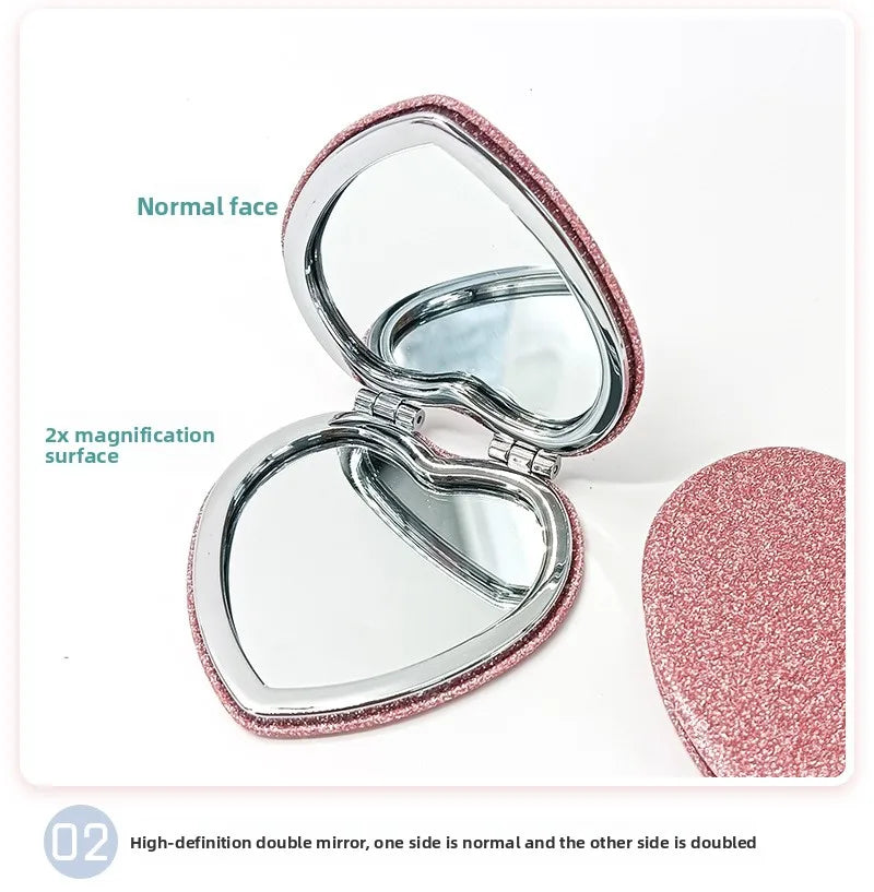 1PC Heart Shape Loose Powder Double Sided Makeup Mirror Portable For Girlfriend Mum Wife Teacher Sister Auntie Birthday Wedding