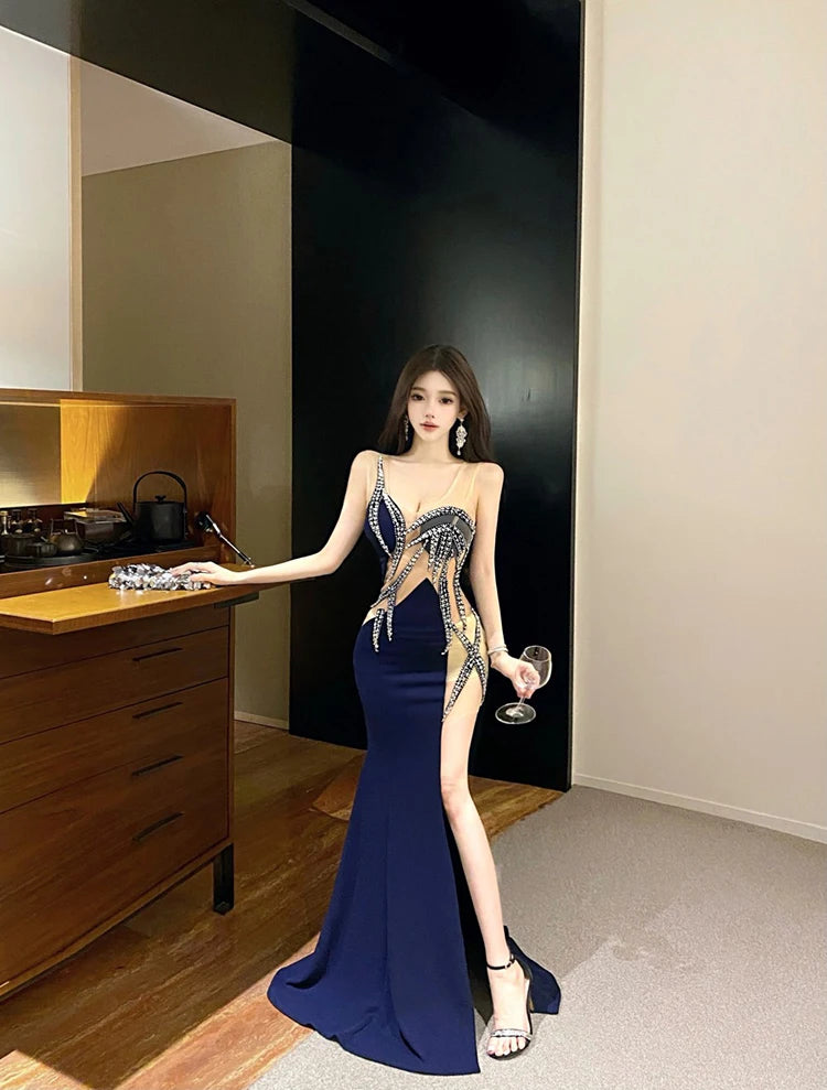 European and American style women exposed legs high fork slimming dress long skirt High end temperament socialite dress