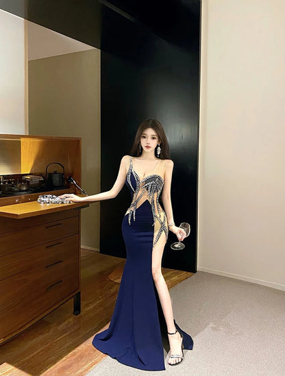 European and American style women exposed legs high fork slimming dress long skirt High end temperament socialite dress