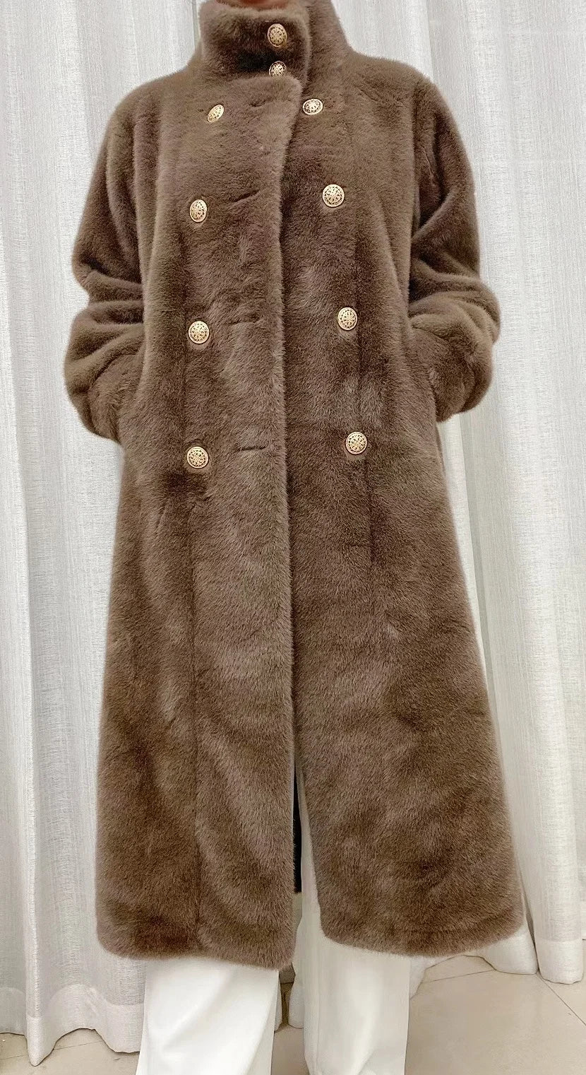 Faux fur coat long coat women's lapel double-breasted loose warm high-end atmospheric coat jacket 24 autumn and winter new